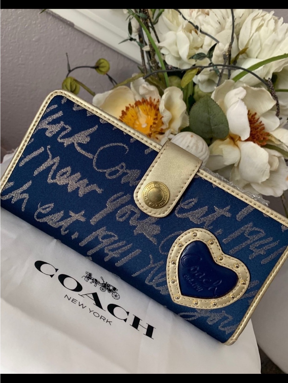 Coach Lurex New YorkY2K Graffiti Script Wallet with Gold Trim and Heart Plaque